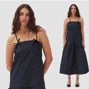NWT | Ganni Midnight Blue Midi Dress | Size 2 | Textured Velvet